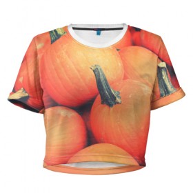 Женская футболка 3D укороченная с принтом Тыквы в Новосибирске, 100% полиэстер | круглая горловина, длина футболки до линии талии, рукава с отворотами | halloween | pumpkin | кот | тыква | хэллоуин
