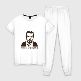 Женская пижама хлопок с принтом Ryan Gosling в Новосибирске, 100% хлопок | брюки и футболка прямого кроя, без карманов, на брюках мягкая резинка на поясе и по низу штанин | ryan gosling | райан гослинг