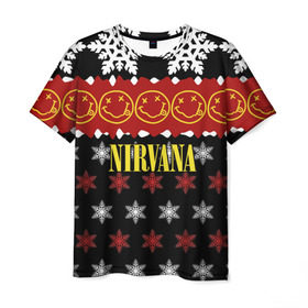 Мужская футболка 3D с принтом Nirvana праздничный в Новосибирске, 100% полиэфир | прямой крой, круглый вырез горловины, длина до линии бедер | cobain | kurt | nirvana | альтернативный | боритон | гранж | группа | дональд | знак | кобейн | красный | крист новоселич | курт | музыка | музыкант | надпись | нирвана | новогодний | новый год | певец | праздник