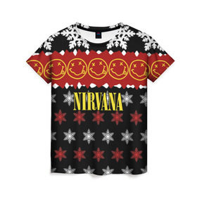 Женская футболка 3D с принтом Nirvana праздничный в Новосибирске, 100% полиэфир ( синтетическое хлопкоподобное полотно) | прямой крой, круглый вырез горловины, длина до линии бедер | cobain | kurt | nirvana | альтернативный | боритон | гранж | группа | дональд | знак | кобейн | красный | крист новоселич | курт | музыка | музыкант | надпись | нирвана | новогодний | новый год | певец | праздник