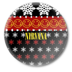 Значок с принтом Nirvana праздничный в Новосибирске,  металл | круглая форма, металлическая застежка в виде булавки | cobain | kurt | nirvana | альтернативный | боритон | гранж | группа | дональд | знак | кобейн | красный | крист новоселич | курт | музыка | музыкант | надпись | нирвана | новогодний | новый год | певец | праздник