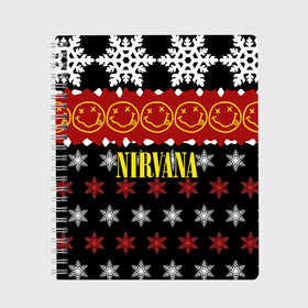 Тетрадь с принтом Nirvana праздничный в Новосибирске, 100% бумага | 48 листов, плотность листов — 60 г/м2, плотность картонной обложки — 250 г/м2. Листы скреплены сбоку удобной пружинной спиралью. Уголки страниц и обложки скругленные. Цвет линий — светло-серый
 | Тематика изображения на принте: cobain | kurt | nirvana | альтернативный | боритон | гранж | группа | дональд | знак | кобейн | красный | крист новоселич | курт | музыка | музыкант | надпись | нирвана | новогодний | новый год | певец | праздник