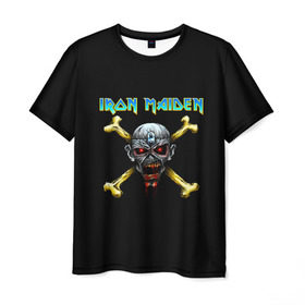 Мужская футболка 3D с принтом Iron Maiden череп и кости в Новосибирске, 100% полиэфир | прямой крой, круглый вырез горловины, длина до линии бедер | iron maiden | адриан смит | айрон мейден | гроза | группа | дэйв мюррей | железная дева | ирон майден | метал | мрачный | музыка | песни | рок | стив харрис | тяжелый | флаг | хеви | хевиметал
