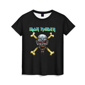 Женская футболка 3D с принтом Iron Maiden череп и кости в Новосибирске, 100% полиэфир ( синтетическое хлопкоподобное полотно) | прямой крой, круглый вырез горловины, длина до линии бедер | iron maiden | адриан смит | айрон мейден | гроза | группа | дэйв мюррей | железная дева | ирон майден | метал | мрачный | музыка | песни | рок | стив харрис | тяжелый | флаг | хеви | хевиметал