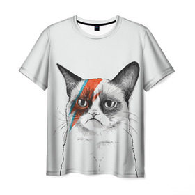Мужская футболка 3D с принтом Grumpy cat (David Bowie) в Новосибирске, 100% полиэфир | прямой крой, круглый вырез горловины, длина до линии бедер | бодиарт | грумпи | дэвид боуи | злой кот | интернет | котей | котик | кошка | мем | мемас | мемчик. | молния на лице | рисунок на лице | сердитый