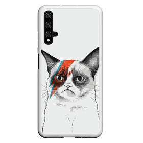 Чехол для Honor 20 с принтом Grumpy cat (David Bowie) в Новосибирске, Силикон | Область печати: задняя сторона чехла, без боковых панелей | бодиарт | грумпи | дэвид боуи | злой кот | интернет | котей | котик | кошка | мем | мемас | мемчик. | молния на лице | рисунок на лице | сердитый