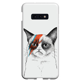 Чехол для Samsung S10E с принтом Grumpy cat (David Bowie) в Новосибирске, Силикон | Область печати: задняя сторона чехла, без боковых панелей | бодиарт | грумпи | дэвид боуи | злой кот | интернет | котей | котик | кошка | мем | мемас | мемчик. | молния на лице | рисунок на лице | сердитый