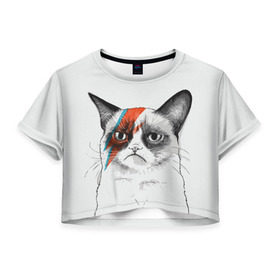 Женская футболка 3D укороченная с принтом Grumpy cat (David Bowie) в Новосибирске, 100% полиэстер | круглая горловина, длина футболки до линии талии, рукава с отворотами | Тематика изображения на принте: бодиарт | грумпи | дэвид боуи | злой кот | интернет | котей | котик | кошка | мем | мемас | мемчик. | молния на лице | рисунок на лице | сердитый
