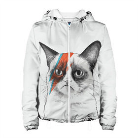 Женская куртка 3D с принтом Grumpy cat (David Bowie) в Новосибирске, ткань верха — 100% полиэстер, подклад — флис | прямой крой, подол и капюшон оформлены резинкой с фиксаторами, два кармана без застежек по бокам, один большой потайной карман на груди. Карман на груди застегивается на липучку | бодиарт | грумпи | дэвид боуи | злой кот | интернет | котей | котик | кошка | мем | мемас | мемчик. | молния на лице | рисунок на лице | сердитый