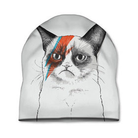 Шапка 3D с принтом Grumpy cat (David Bowie) в Новосибирске, 100% полиэстер | универсальный размер, печать по всей поверхности изделия | бодиарт | грумпи | дэвид боуи | злой кот | интернет | котей | котик | кошка | мем | мемас | мемчик. | молния на лице | рисунок на лице | сердитый