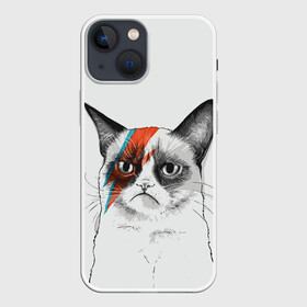 Чехол для iPhone 13 mini с принтом Grumpy cat (David Bowie) в Новосибирске,  |  | бодиарт | грумпи | дэвид боуи | злой кот | интернет | котей | котик | кошка | мем | мемас | мемчик. | молния на лице | рисунок на лице | сердитый