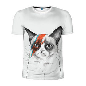 Мужская футболка 3D спортивная с принтом Grumpy cat (David Bowie) в Новосибирске, 100% полиэстер с улучшенными характеристиками | приталенный силуэт, круглая горловина, широкие плечи, сужается к линии бедра | бодиарт | грумпи | дэвид боуи | злой кот | интернет | котей | котик | кошка | мем | мемас | мемчик. | молния на лице | рисунок на лице | сердитый