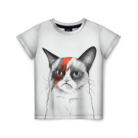 Детская футболка 3D с принтом Grumpy cat (David Bowie) в Новосибирске, 100% гипоаллергенный полиэфир | прямой крой, круглый вырез горловины, длина до линии бедер, чуть спущенное плечо, ткань немного тянется | бодиарт | грумпи | дэвид боуи | злой кот | интернет | котей | котик | кошка | мем | мемас | мемчик. | молния на лице | рисунок на лице | сердитый