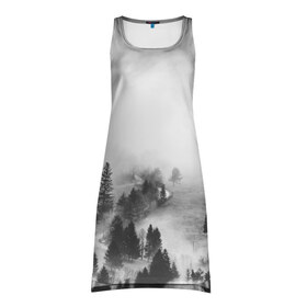 Платье-майка 3D с принтом Лес и туман в Новосибирске, 100% полиэстер | полуприлегающий силуэт, широкие бретели, круглый вырез горловины, удлиненный подол сзади. | black and white | лес | лес и туман | туман | чернобелый  фон | чернобелый лес