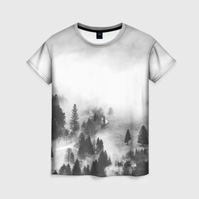 Женская футболка 3D с принтом Лес и туман в Новосибирске, 100% полиэфир ( синтетическое хлопкоподобное полотно) | прямой крой, круглый вырез горловины, длина до линии бедер | black and white | лес | лес и туман | туман | чернобелый  фон | чернобелый лес