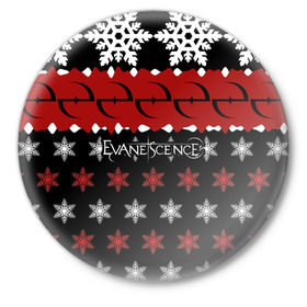 Значок с принтом Праздничный Evanescence в Новосибирске,  металл | круглая форма, металлическая застежка в виде булавки | evanescence | альтернативный | готик | группа | джен маджура | знак | исчезновение | красный | метал | надпись | новогодний | новый год | ню | праздник | рождество | рок | снежинки | тим маккорд