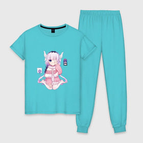 Женская пижама хлопок с принтом Канна Камуи в Новосибирске, 100% хлопок | брюки и футболка прямого кроя, без карманов, на брюках мягкая резинка на поясе и по низу штанин | anime | kobayashi san chi no maid dragon | аниме | канна камуи