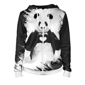 Женская толстовка 3D на молнии с принтом Panda love в Новосибирске, 100% полиэстер | длина до линии бедра, манжеты и пояс оформлены мягкой тканевой резинкой, двухслойный капюшон со шнурком для регулировки, спереди молния, по бокам два кармана | 14 февраля | love | panda | panda love | день святого валентина | любовь | панда