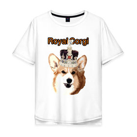 Мужская футболка хлопок Oversize с принтом Корги в короне в Новосибирске, 100% хлопок | свободный крой, круглый ворот, “спинка” длиннее передней части | Тематика изображения на принте: англия | вельш корги | корги | корги пемброк | королева | корона | пемброк | собака
