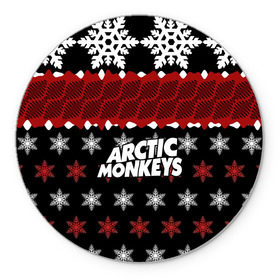 Коврик круглый с принтом Праздничный Arctic Monkeys в Новосибирске, резина и полиэстер | круглая форма, изображение наносится на всю лицевую часть | алекс тёрнер | арктик | арктические мартышки | гаражный | группа | джейми кук | знак | инди рок | красный | м | манкис | музыка | надпись | ник о мэлли | новогодний | новый год | обезьяна