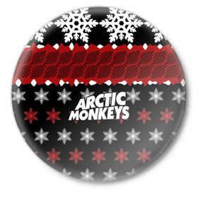 Значок с принтом Праздничный Arctic Monkeys в Новосибирске,  металл | круглая форма, металлическая застежка в виде булавки | алекс тёрнер | арктик | арктические мартышки | гаражный | группа | джейми кук | знак | инди рок | красный | м | манкис | музыка | надпись | ник о мэлли | новогодний | новый год | обезьяна