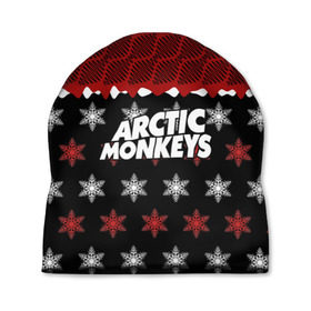 Шапка 3D с принтом Праздничный Arctic Monkeys в Новосибирске, 100% полиэстер | универсальный размер, печать по всей поверхности изделия | Тематика изображения на принте: алекс тёрнер | арктик | арктические мартышки | гаражный | группа | джейми кук | знак | инди рок | красный | м | манкис | музыка | надпись | ник о мэлли | новогодний | новый год | обезьяна