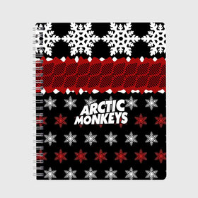 Тетрадь с принтом Праздничный Arctic Monkeys в Новосибирске, 100% бумага | 48 листов, плотность листов — 60 г/м2, плотность картонной обложки — 250 г/м2. Листы скреплены сбоку удобной пружинной спиралью. Уголки страниц и обложки скругленные. Цвет линий — светло-серый
 | алекс тёрнер | арктик | арктические мартышки | гаражный | группа | джейми кук | знак | инди рок | красный | м | манкис | музыка | надпись | ник о мэлли | новогодний | новый год | обезьяна