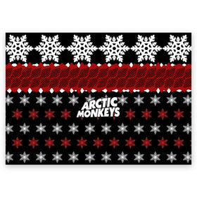 Поздравительная открытка с принтом Праздничный Arctic Monkeys в Новосибирске, 100% бумага | плотность бумаги 280 г/м2, матовая, на обратной стороне линовка и место для марки
 | алекс тёрнер | арктик | арктические мартышки | гаражный | группа | джейми кук | знак | инди рок | красный | м | манкис | музыка | надпись | ник о мэлли | новогодний | новый год | обезьяна