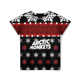 Детская футболка 3D с принтом Праздничный Arctic Monkeys в Новосибирске, 100% гипоаллергенный полиэфир | прямой крой, круглый вырез горловины, длина до линии бедер, чуть спущенное плечо, ткань немного тянется | алекс тёрнер | арктик | арктические мартышки | гаражный | группа | джейми кук | знак | инди рок | красный | м | манкис | музыка | надпись | ник о мэлли | новогодний | новый год | обезьяна