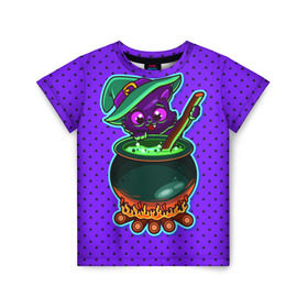 Детская футболка 3D с принтом Кошка-ведьмочка в Новосибирске, 100% гипоаллергенный полиэфир | прямой крой, круглый вырез горловины, длина до линии бедер, чуть спущенное плечо, ткань немного тянется | halloween | helloween | ведунья | ведьма | зелье | кот | котел | котик | кошка | магия | хеллоуин | хэллоуин