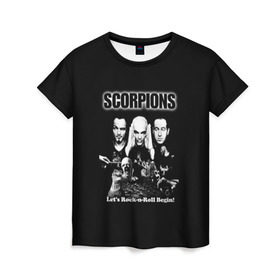 Женская футболка 3D с принтом Группа Scorpions в Новосибирске, 100% полиэфир ( синтетическое хлопкоподобное полотно) | прямой крой, круглый вырез горловины, длина до линии бедер | scorpions | группа | скорпионс | хард | хардрок