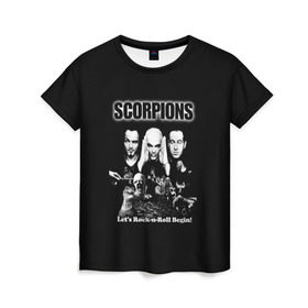 Женская футболка 3D с принтом Группа Scorpions в Новосибирске, 100% полиэфир ( синтетическое хлопкоподобное полотно) | прямой крой, круглый вырез горловины, длина до линии бедер | Тематика изображения на принте: scorpions | группа | скорпионс | хард | хардрок