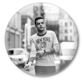 Значок с принтом Rami Malek в Новосибирске,  металл | круглая форма, металлическая застежка в виде булавки | Тематика изображения на принте: mr robot | rami malek | мистер робот | рами малек