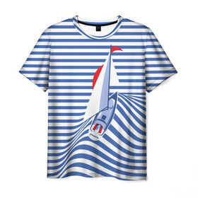 Мужская футболка 3D с принтом Яхта в Новосибирске, 100% полиэфир | прямой крой, круглый вырез горловины, длина до линии бедер | flag | joke | prank | sail | sea | stripes | water | waves | yacht vest | вода | волны | море | парус | полосы | прикол | тельняшка | флаг | шутка | яхта