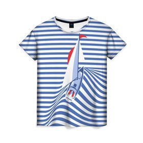 Женская футболка 3D с принтом Яхта в Новосибирске, 100% полиэфир ( синтетическое хлопкоподобное полотно) | прямой крой, круглый вырез горловины, длина до линии бедер | Тематика изображения на принте: flag | joke | prank | sail | sea | stripes | water | waves | yacht vest | вода | волны | море | парус | полосы | прикол | тельняшка | флаг | шутка | яхта