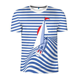 Мужская футболка 3D спортивная с принтом Яхта в Новосибирске, 100% полиэстер с улучшенными характеристиками | приталенный силуэт, круглая горловина, широкие плечи, сужается к линии бедра | Тематика изображения на принте: flag | joke | prank | sail | sea | stripes | water | waves | yacht vest | вода | волны | море | парус | полосы | прикол | тельняшка | флаг | шутка | яхта