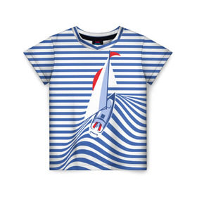 Детская футболка 3D с принтом Яхта в Новосибирске, 100% гипоаллергенный полиэфир | прямой крой, круглый вырез горловины, длина до линии бедер, чуть спущенное плечо, ткань немного тянется | Тематика изображения на принте: flag | joke | prank | sail | sea | stripes | water | waves | yacht vest | вода | волны | море | парус | полосы | прикол | тельняшка | флаг | шутка | яхта