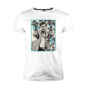 Мужская футболка премиум с принтом Пабло Эскобар в Новосибирске, 92% хлопок, 8% лайкра | приталенный силуэт, круглый вырез ворота, длина до линии бедра, короткий рукав | narco | доллары | оружие