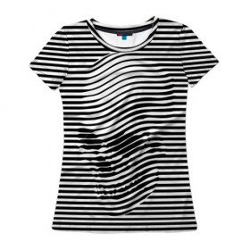 Женская футболка 3D с принтом Череп в Новосибирске, 100% полиэфир ( синтетическое хлопкоподобное полотно) | прямой крой, круглый вырез горловины, длина до линии бедер | art | optical | skull | stripes | vest | искусство | оптическое | полосы | тельняшка | череп