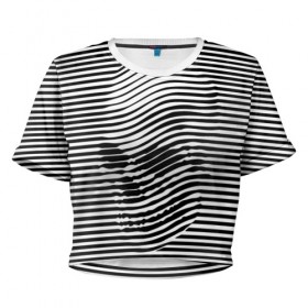 Женская футболка 3D укороченная с принтом Череп в Новосибирске, 100% полиэстер | круглая горловина, длина футболки до линии талии, рукава с отворотами | art | optical | skull | stripes | vest | искусство | оптическое | полосы | тельняшка | череп