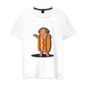 Мужская футболка хлопок с принтом Танцующий хот-дог snapchat в Новосибирске, 100% хлопок | прямой крой, круглый вырез горловины, длина до линии бедер, слегка спущенное плечо. | 