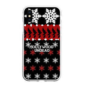 Чехол для iPhone XS Max матовый с принтом Праздничный Hollywood Undead в Новосибирске, Силикон | Область печати: задняя сторона чехла, без боковых панелей | Тематика изображения на принте: charlie scene | danny | funny man | hollywood | j dog | johnny 3 tears | undead | андед | голивуд | голливудская | группа | знак | кранккор | красный | метал | надпись | нежить | новогодний | новый год | ню | праздник | реп | рождество