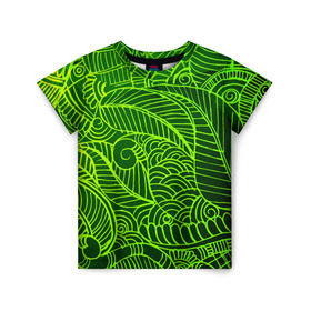 Детская футболка 3D с принтом зеленые узоры в Новосибирске, 100% гипоаллергенный полиэфир | прямой крой, круглый вырез горловины, длина до линии бедер, чуть спущенное плечо, ткань немного тянется | Тематика изображения на принте: green | абстракция | арт | восток | геометрия | зелень | индия | орнамент | роспись | узоры | цветы