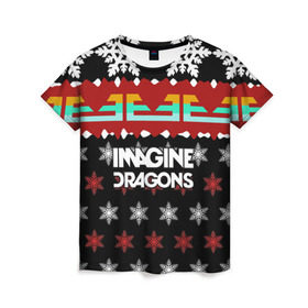 Женская футболка 3D с принтом Праздничный Imagine Dragons в Новосибирске, 100% полиэфир ( синтетическое хлопкоподобное полотно) | прямой крой, круглый вырез горловины, длина до линии бедер | альтернативный | американская | группа | драгонс | имеджин | инди | индирок | новогодний | поп | рождество | рок | свитер | электроник