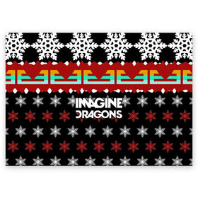 Поздравительная открытка с принтом Праздничный Imagine Dragons в Новосибирске, 100% бумага | плотность бумаги 280 г/м2, матовая, на обратной стороне линовка и место для марки
 | Тематика изображения на принте: альтернативный | американская | группа | драгонс | имеджин | инди | индирок | новогодний | поп | рождество | рок | свитер | электроник