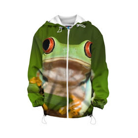 Детская куртка 3D с принтом Лягушка в Новосибирске, 100% полиэстер | застежка — молния, подол и капюшон оформлены резинкой с фиксаторами, по бокам — два кармана без застежек, один потайной карман на груди, плотность верхнего слоя — 90 г/м2; плотность флисового подклада — 260 г/м2 | frog | жаба | животные | зеленый | ква | лягуха | лягушка | лягушонок