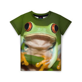 Детская футболка 3D с принтом Лягушка в Новосибирске, 100% гипоаллергенный полиэфир | прямой крой, круглый вырез горловины, длина до линии бедер, чуть спущенное плечо, ткань немного тянется | frog | жаба | животные | зеленый | ква | лягуха | лягушка | лягушонок