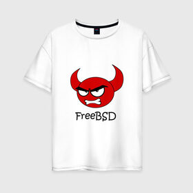 Женская футболка хлопок Oversize с принтом FreeBSD демон в Новосибирске, 100% хлопок | свободный крой, круглый ворот, спущенный рукав, длина до линии бедер
 | Тематика изображения на принте: bsd | demon | freebsd | os | unix | демон | злой | ос | чёртик
