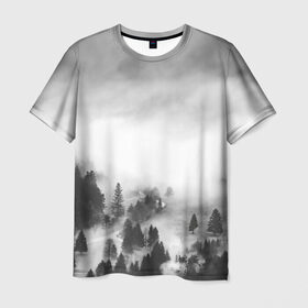 Мужская футболка 3D с принтом Туманный лес в Новосибирске, 100% полиэфир | прямой крой, круглый вырез горловины, длина до линии бедер | бор | деревья | дым | елки | лес | природа | туман | чб | черно белое