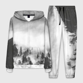 Мужской костюм 3D с принтом Туманный лес в Новосибирске, 100% полиэстер | Манжеты и пояс оформлены тканевой резинкой, двухслойный капюшон со шнурком для регулировки, карманы спереди | бор | деревья | дым | елки | лес | природа | туман | чб | черно белое